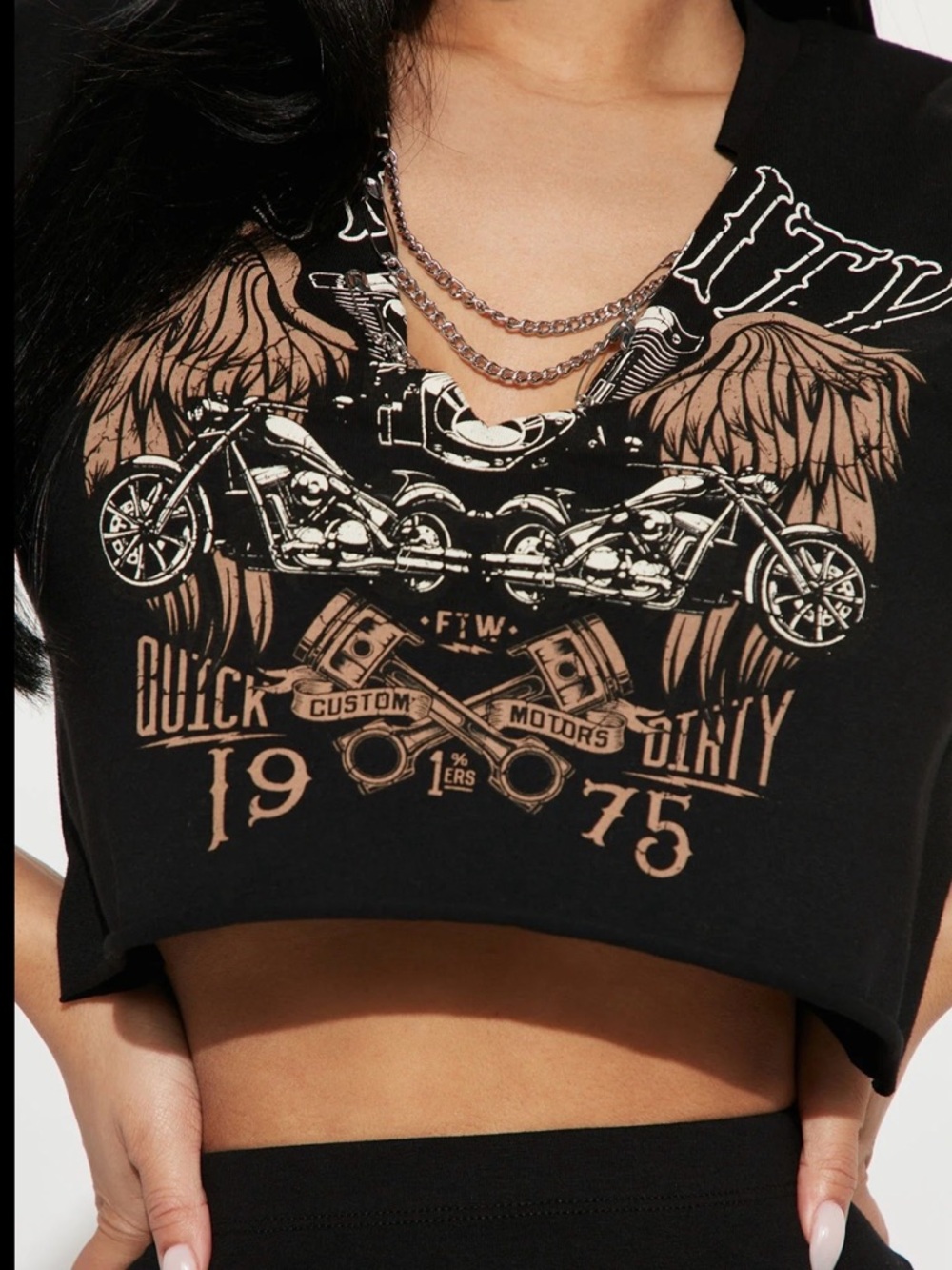 Windsor Graphic Crop Top with Motorcycle Print and chain details